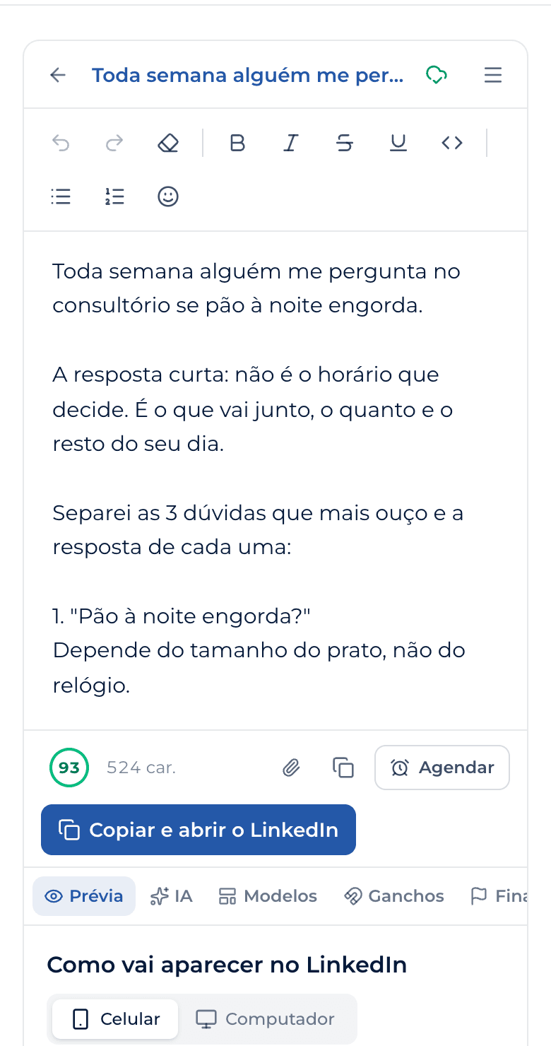 A ORCA aberta dentro do LinkedIn, com um post escrito pela IA e a prévia